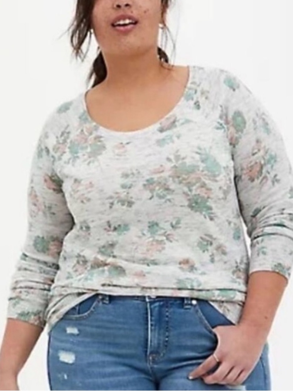 torrid Light Gray Scoop Neck Sweater with Green and Tan Floral Print